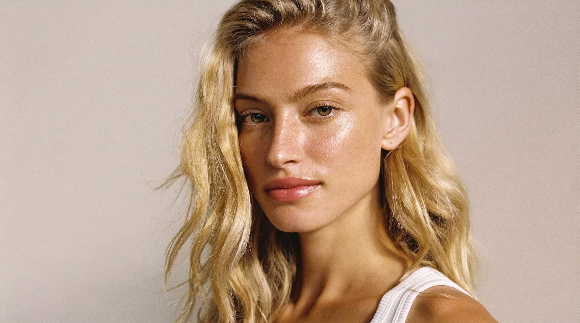 A woman with long wavy blonde hair looking into the camera in soft light